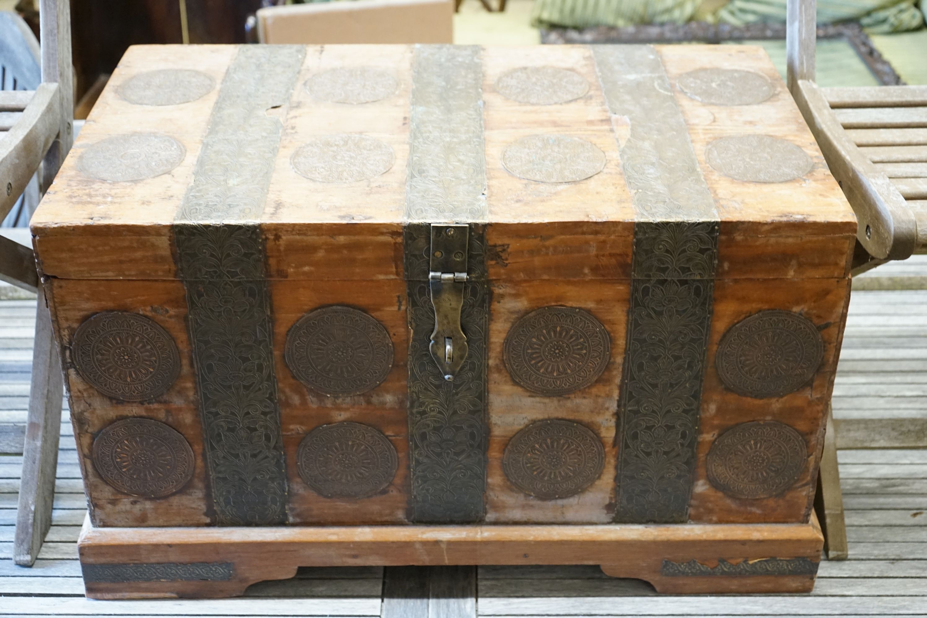 An Indian hardwood and embossed brass trunk, width 76cm depth 44cm height 46cm